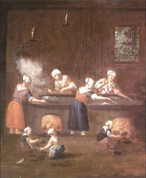 Het zoutzieden in een zoutpan. Schilderij, anoniem. Het zoutzieden in een zoutpan. Schilderij, anoniem.