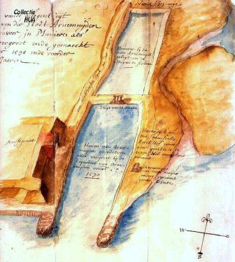 Een ingekleurde tekening uit het archief van een gedeelte van de stadswal en de Veersche Poort, de Walcherse dijk naar Veere en het haventje met de daarachter liggende houwer uit 1590. Een ingekleurde tekening uit het archief van een gedeelte van de stadswal en de Veersche Poort, de Walcherse dijk naar Veere en het haventje met de daarachter liggende houwer uit 1590.
