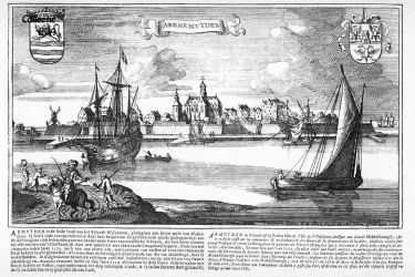 Een oude kopergravure van Arnemuiden uil de bloeiperiode van de stad. Een oude kopergravure van Arnemuiden uil de bloeiperiode van de stad.