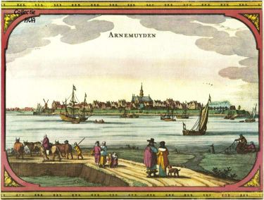 Een afbeelding uit de Cronyk van Smallegange met een gezicht op de stad Arnemuiden aan het einde van de 17e eeuw. Een afbeelding uit de Cronyk van Smallegange met een gezicht op de stad Arnemuiden aan het einde van de 17e eeuw.