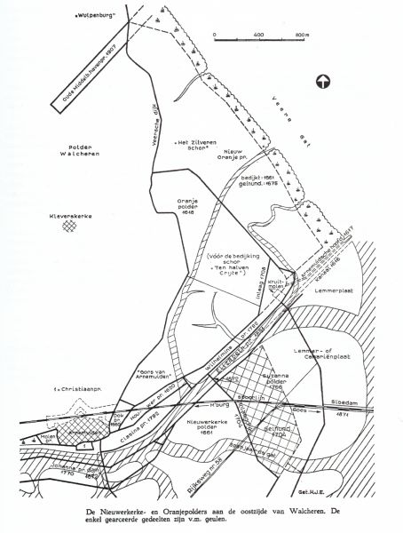Een overzichttekening uit het boek ‘Tussen Afsluitdammen en Deltadijken’ van M.H. Wilderom van de inpolderingen in het Sloe bij Arnemuiden. Een overzichttekening uit het boek ‘Tussen Afsluitdammen en Deltadijken’ van M.H. Wilderom van de inpolderingen in het Sloe bij Arnemuiden.