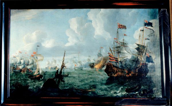 Schilderij uit de raadszaal van het Arnemuidse Stadhuis van een zeegevecht tussen Nederlandse en Engelse schepen in de 17e eeuw. Dit schilderij is in december 1803 ten behoeve van de raadkamer voor enkele rijksdaalders aangekocht. Schilderij uit de raadszaal van het Arnemuidse Stadhuis van een zeegevecht tussen Nederlandse en Engelse schepen in de 17e eeuw. Dit schilderij is in december 1803 ten behoeve van de raadkamer voor enkele rijksdaalders aangekocht.