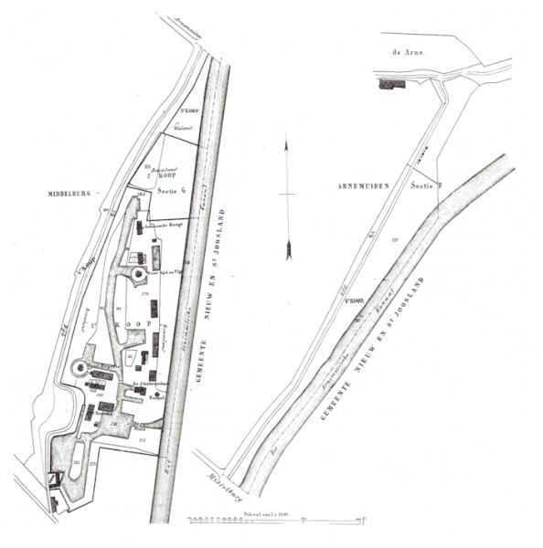 Een plattegrond van de ligging van de houtzaagmolens te Nieuwland. Een plattegrond van de ligging van de houtzaagmolens te Nieuwland.