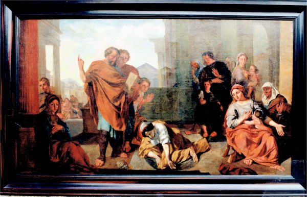 Schilderij uit de raadszaal van het Arnemuidse stadhuis (nu het Museum), voorstellende de dood van Ananias en Saphira (Handelingen 5:1-10). Schilderij uit de raadszaal van het Arnemuidse stadhuis (nu het Museum), voorstellende de dood van Ananias en Saphira (Handelingen 5:1-10).