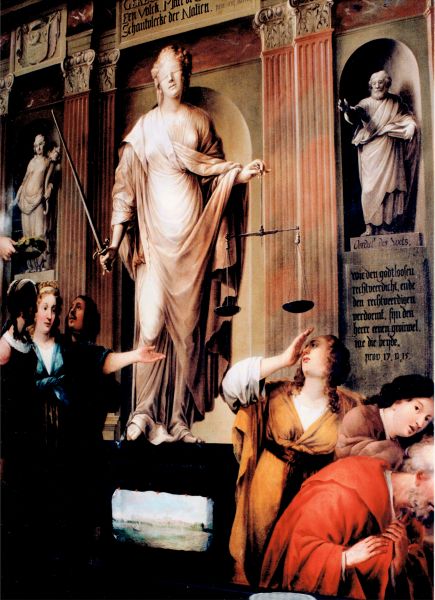 Schilderij uit de raadszaal van het Arnemuidse stadhuis van de beroemde schilder Dirck van Deelen, eertijds burgemeester van Arnemuiden, van 1656. Het schilderij stelt een tempel voor. Op de voorgrond het beeld der gerechtigheid met het bovenschrift ‘Gerechtigheid verhoogt een volk, maar de zonde is een schandvlecke der natieën ‘. Op de sokkel een aanzicht op de rede van Arnemuiden met een bovenschrift dat het schilderij is opgedragen aan de stad Arnemuiden. Schilderij uit de raadszaal van het Arnemuidse stadhuis van de beroemde schilder Dirck van Deelen, eertijds burgemeester van Arnemuiden, van 1656. Het schilderij stelt een tempel voor. Op de voorgrond het beeld der gerechtigheid met het bovenschrift ‘Gerechtigheid verhoogt een volk, maar de zonde is een schandvlecke der natieën ‘. Op de sokkel een aanzicht op de rede van Arnemuiden met een bovenschrift dat het schilderij is opgedragen aan de stad Arnemuiden.