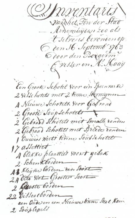 De inventarislijst van de collectie tin in 1763 De inventarislijst van de collectie tin in 1763
