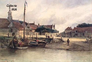 Arnemuiden in 1855 naar een acquarel van A. Waldorp. Duidelijk is de vervallen toestand waar te nemen. Arnemuiden in 1855 naar een acquarel van A. Waldorp. Duidelijk is de vervallen toestand waar te nemen.