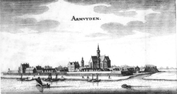 Gezicht vanaf het Nieuwland op Arnemuiden eind 17e eeuw. Duidelijk waarneembaar zijn de wallen en bastions, de Veerse Poort, het Stadhuis en het tolhuis. Gezicht vanaf het Nieuwland op Arnemuiden eind 17e eeuw. Duidelijk waarneembaar zijn de wallen en bastions, de Veerse Poort, het Stadhuis en het tolhuis.