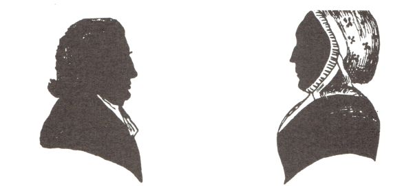 Silhouetten van ds. Pieter Hondius en zijn echtgenote Maria Vogelsang. Silhouetten van ds. Pieter Hondius en zijn echtgenote Maria Vogelsang.