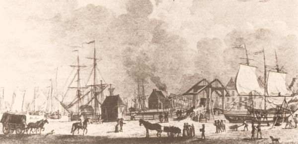 Bedrijvigheid op de Middelburgse kade in 1802. Links binnen- en zeeschepen, rechts op de achtergrond aan de kade een statenjacht. Op de voorgrond het lossen van een brigantijn. Bedrijvigheid op de Middelburgse kade in 1802. Links binnen- en zeeschepen, rechts op de achtergrond aan de kade een statenjacht. Op de voorgrond het lossen van een brigantijn.