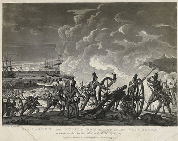 De landing van de Engelsen bij Breezand op Walcheren op 30 juli 1809. De volgende dag wordt Arnemuiden door de Engelse militairen bezet en de kerk als kazerne en het stadhuis als hospitaal in gebruik genomen. De landing van de Engelsen bij Breezand op Walcheren op 30 juli 1809. De volgende dag wordt Arnemuiden door de Engelse militairen bezet en de kerk als kazerne en het stadhuis als hospitaal in gebruik genomen.