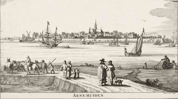 Gezicht op Arnemuiden in het jaar 1745. Hierop is het veer vanaf de Nieuwlandse wal met de wachtende passagiers goed te zien. Gezicht op Arnemuiden in het jaar 1745. Hierop is het veer vanaf de Nieuwlandse wal met de wachtende passagiers goed te zien.