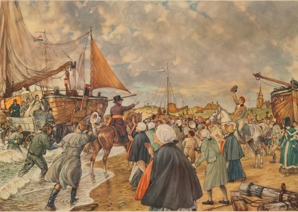 De Prins van Oranje, de latere Koning Willem I, zet voet aan wal op het strand van Scheveningen. De Prins van Oranje, de latere Koning Willem I, zet voet aan wal op het strand van Scheveningen.