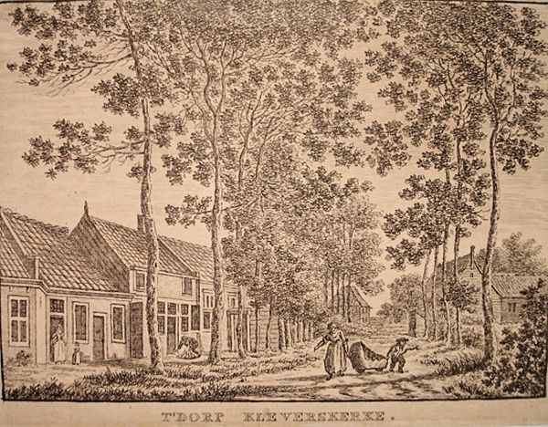 Het dorp Kleverskerke aan het eind van de 18e eeuw naar een tekening van J. Bulthuis. Het dorp Kleverskerke aan het eind van de 18e eeuw naar een tekening van J. Bulthuis.