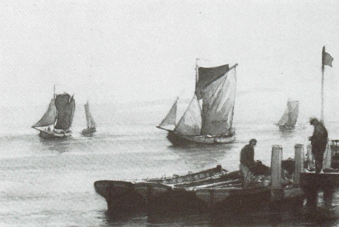 Aquarel van hoogaarzen, terugkerend van de visserij. Aquarel van hoogaarzen, terugkerend van de visserij.