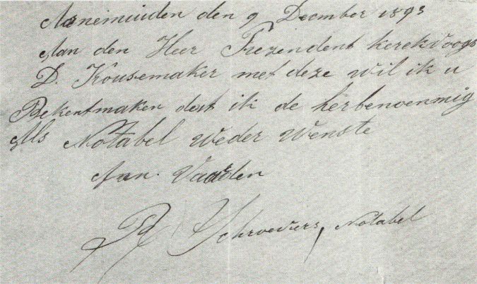 Bericht van Robbert Schroevers uit 1893. Bericht van Robbert Schroevers uit 1893.