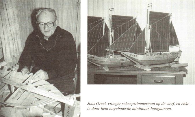 Joos Oreel, vroeger scheepstimmerman op de werf, met enkele door hem nagebouwde miniatuur-hoogaarzen. Joos Oreel, vroeger scheepstimmerman op de werf, met enkele door hem nagebouwde miniatuur-hoogaarzen.