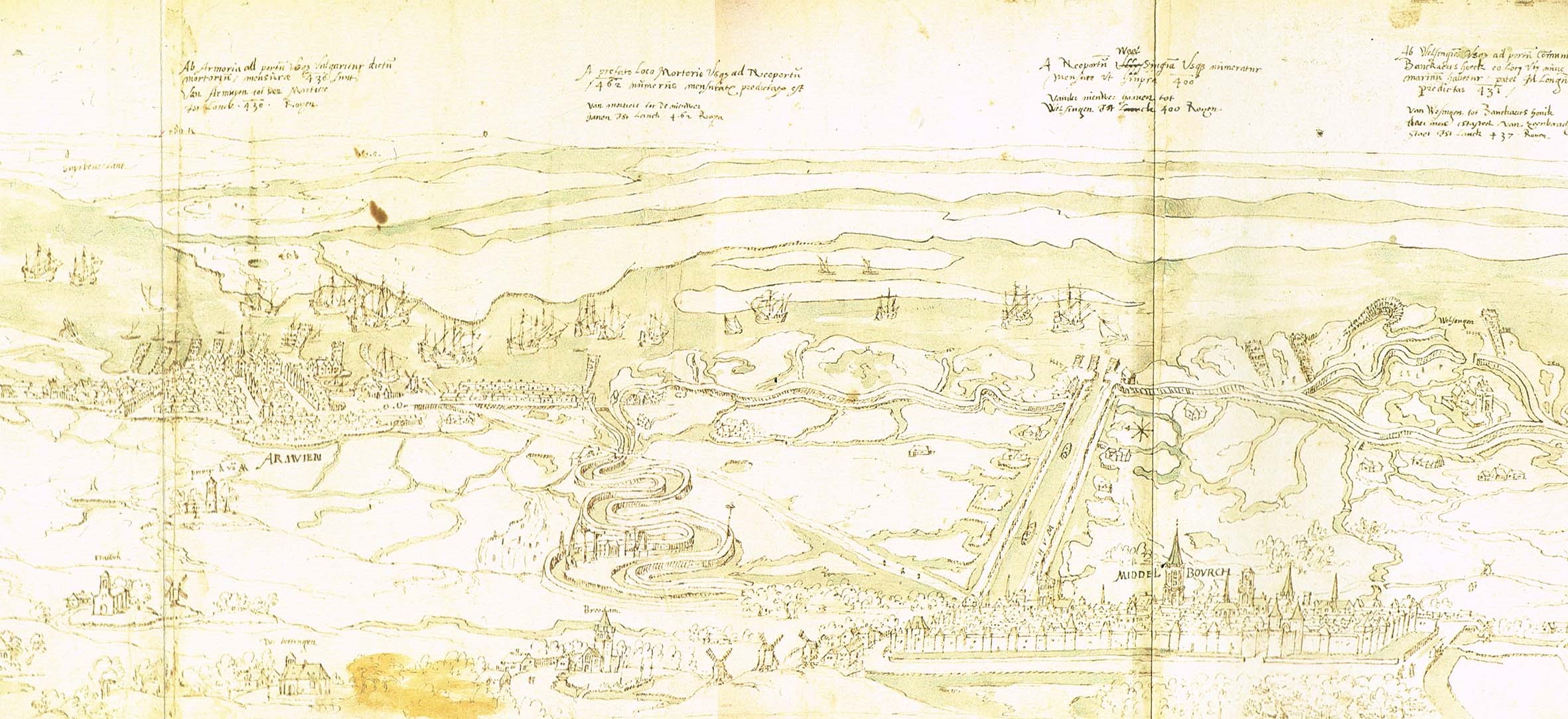 Arnemuiden ca. 1550 op het Panorama van Walcheren van Antoon van den Wijngaerde. Arnemuiden ca. 1550 op het Panorama van Walcheren van Antoon van den Wijngaerde.