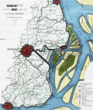 Kaart van F.P. Polderdijk omstreeks het jaar 1600. Kaart van F.P. Polderdijk omstreeks het jaar 1600.